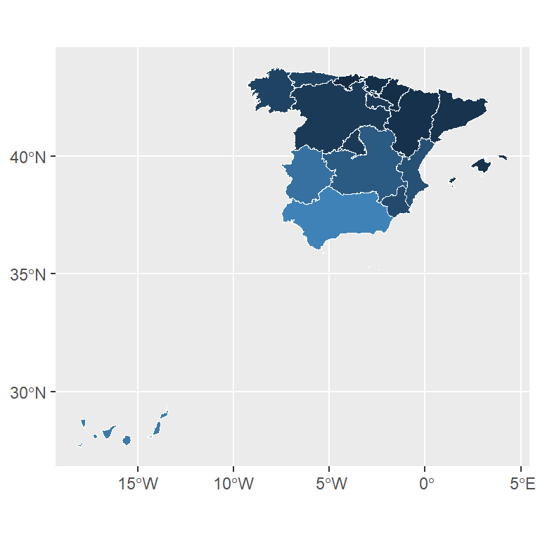 Color of a map based on a numerical variable in ggplot2