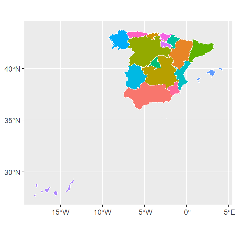 Color of the geometries of a map based on a categorical varible in ggplot2